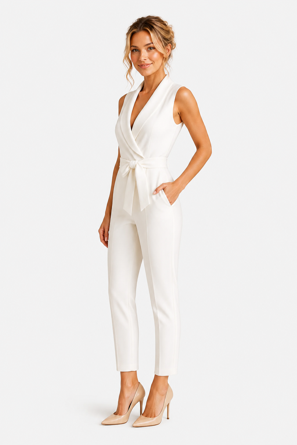 Elegant Wrap Jumpsuit Tailored Wide Leg Formal Outfit - White - side left