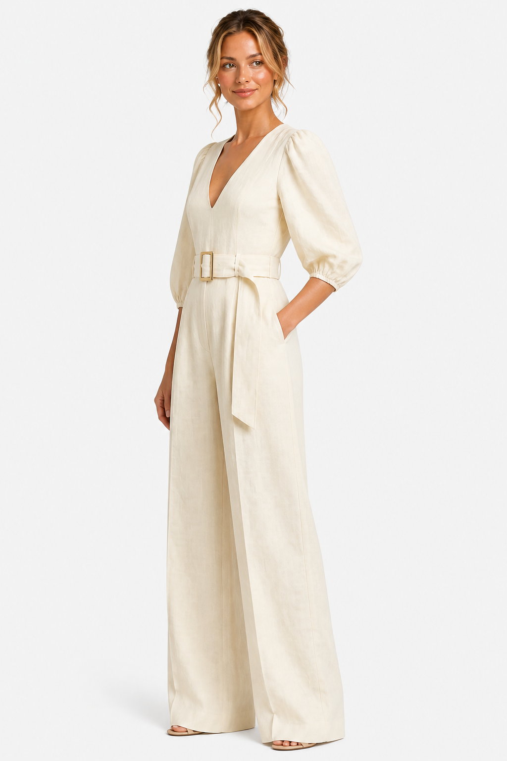 Velmora – Elegant belted puff sleeve – Wide leg jumpsuit - White - side left