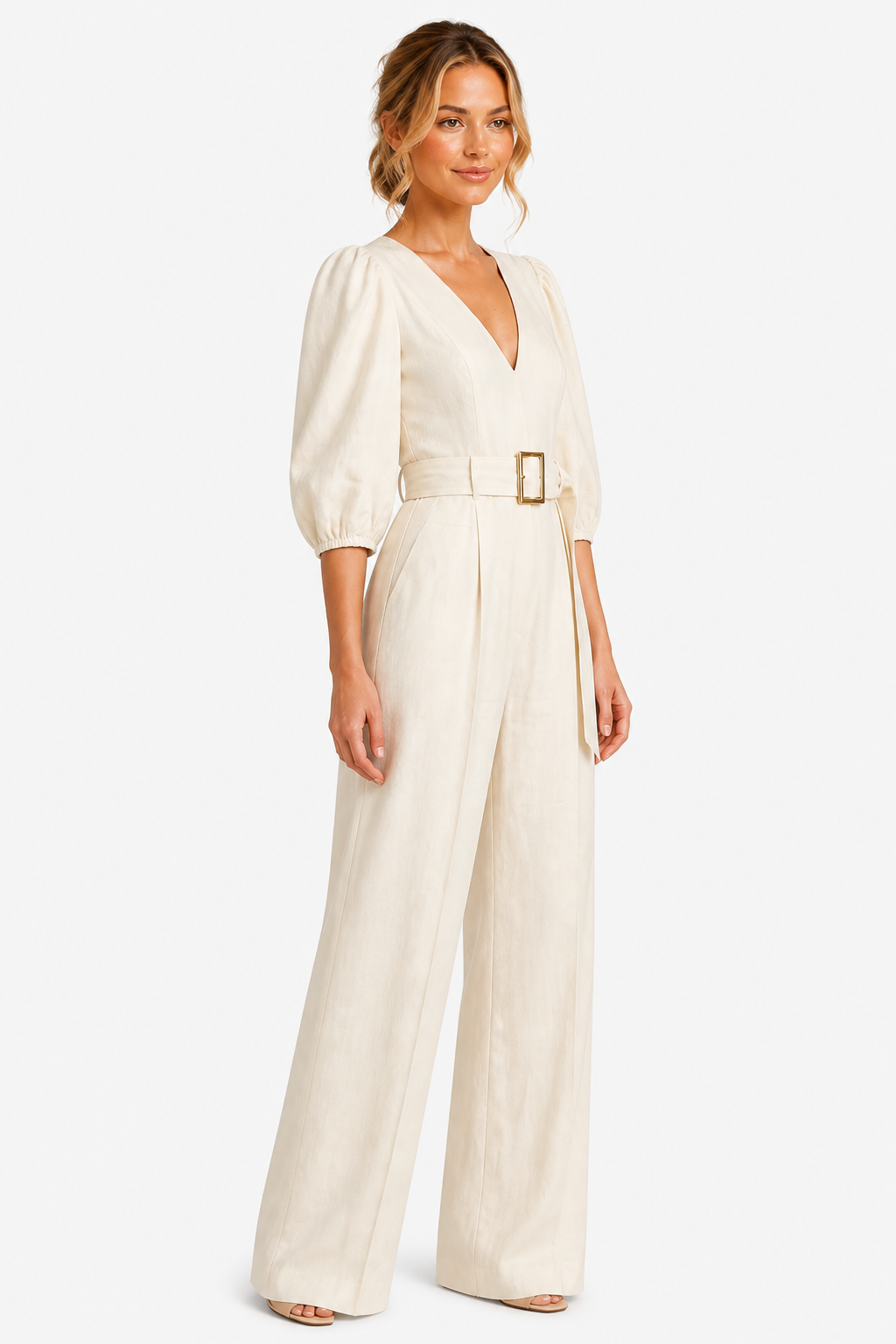 Velmora – Elegant belted puff sleeve – Wide leg jumpsuit - White - side right