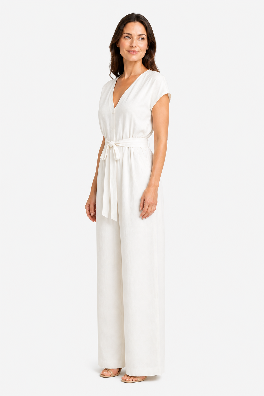 Women's Relaxed Wide Leg Jumpsuit – Tie Waist Summer Style - White - side