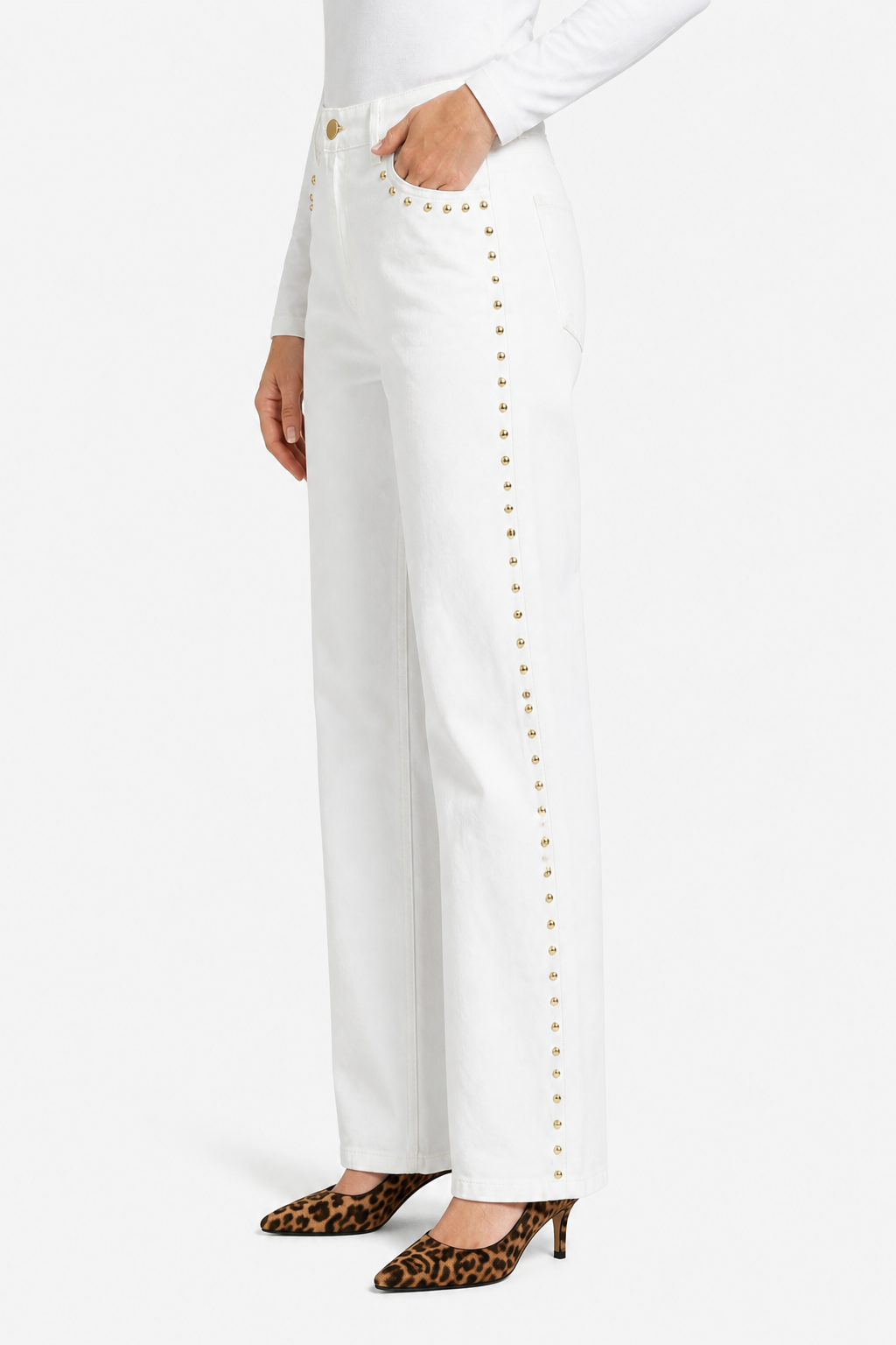Valdenza – Gold stud trim – Straight leg jeans - White - side