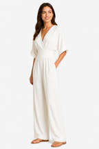 Women’s Relaxed Fit Wide-Leg Jumpsuit – Cinched Waist Style - White - side