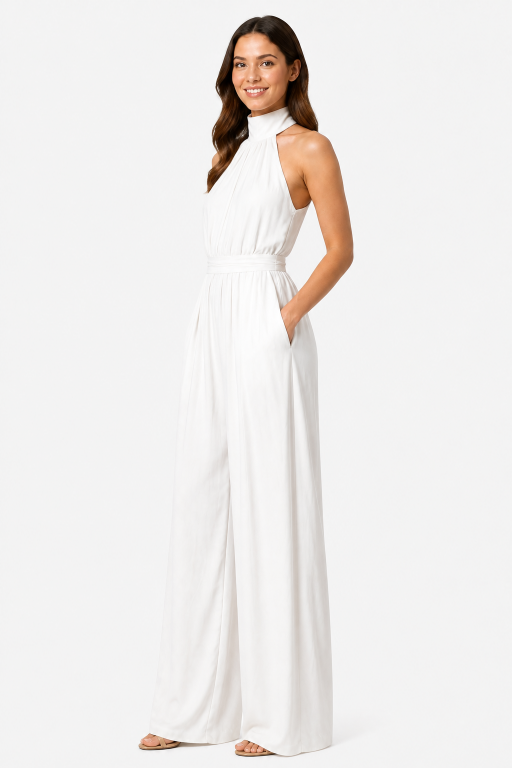 Women’s Halter Neck Wide Leg Jumpsuit – Elegant Flowing Style - White - side