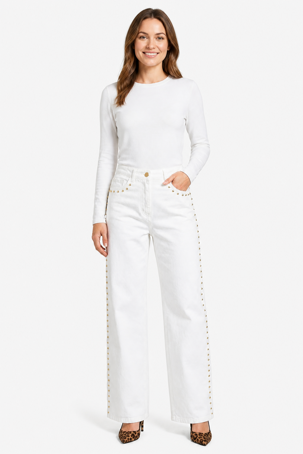 Valdenza – Gold stud trim – Straight leg jeans - White - whole body