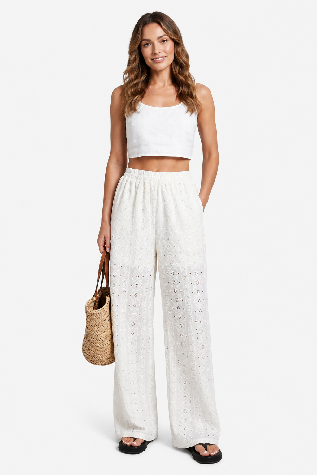 Élodienne – Broderie anglaise grace – Wide-leg trousers - White - whole body