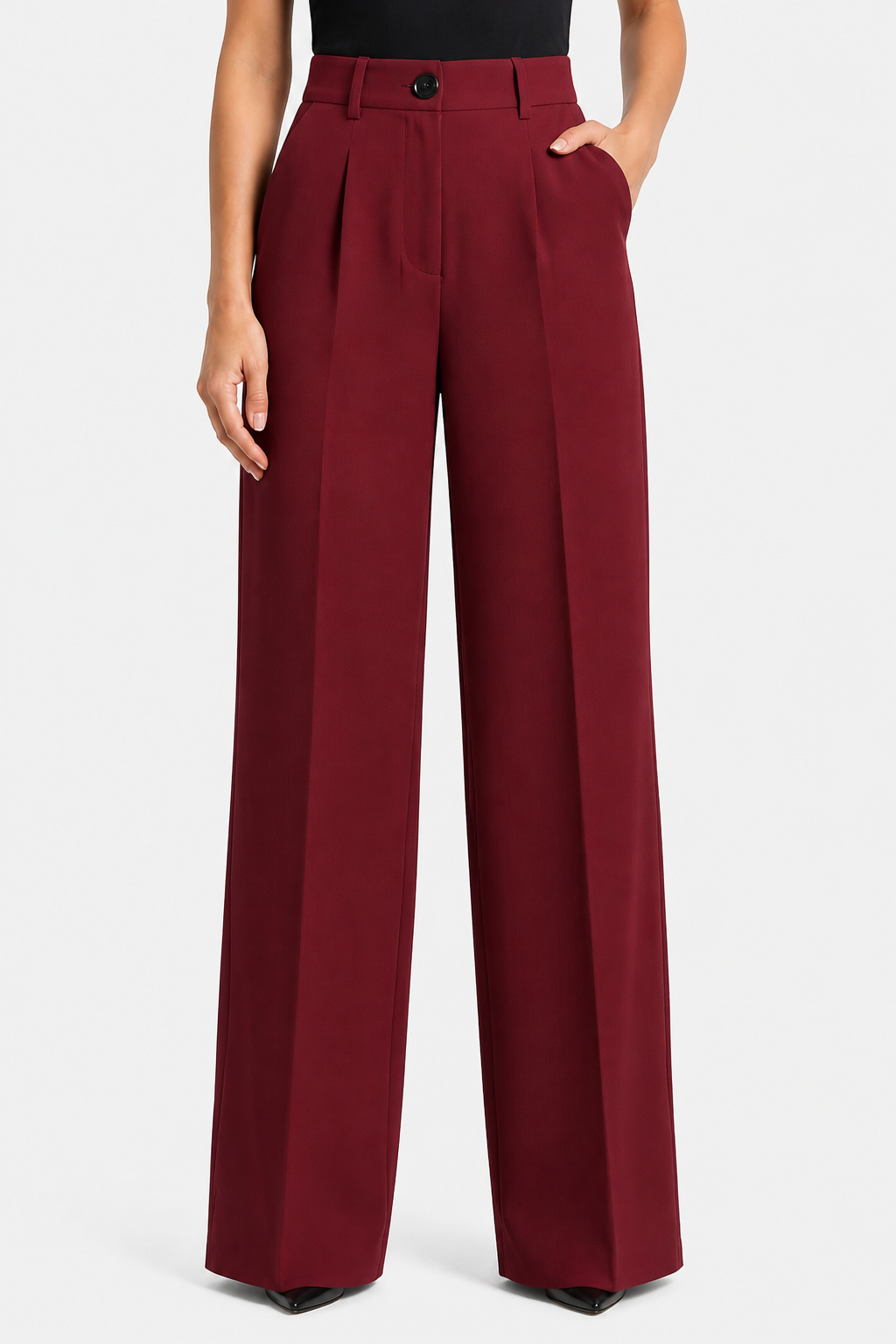 Elozane – Tailored pleats – High-waist wide-leg trousers - Wine red - front