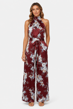 Women's Floral Halter Neck Wide Leg Jumpsuit – Tie Waist Style - Wine Red - front