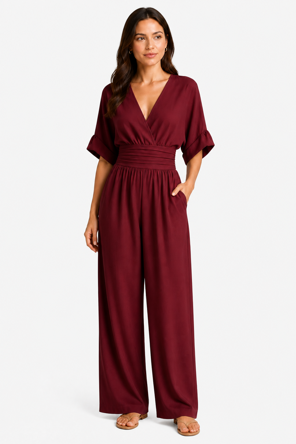Women’s Relaxed Fit Wide-Leg Jumpsuit – Cinched Waist Style - Wine Red - front