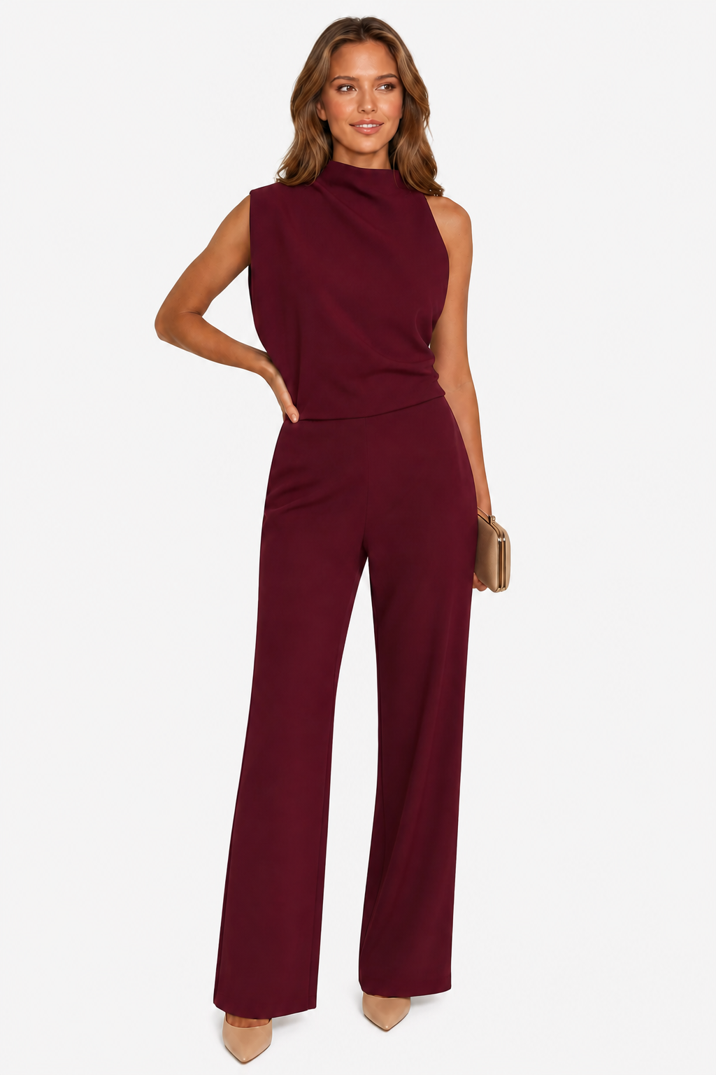 Asymmetric One Shoulder Jumpsuit - Wine Red - front