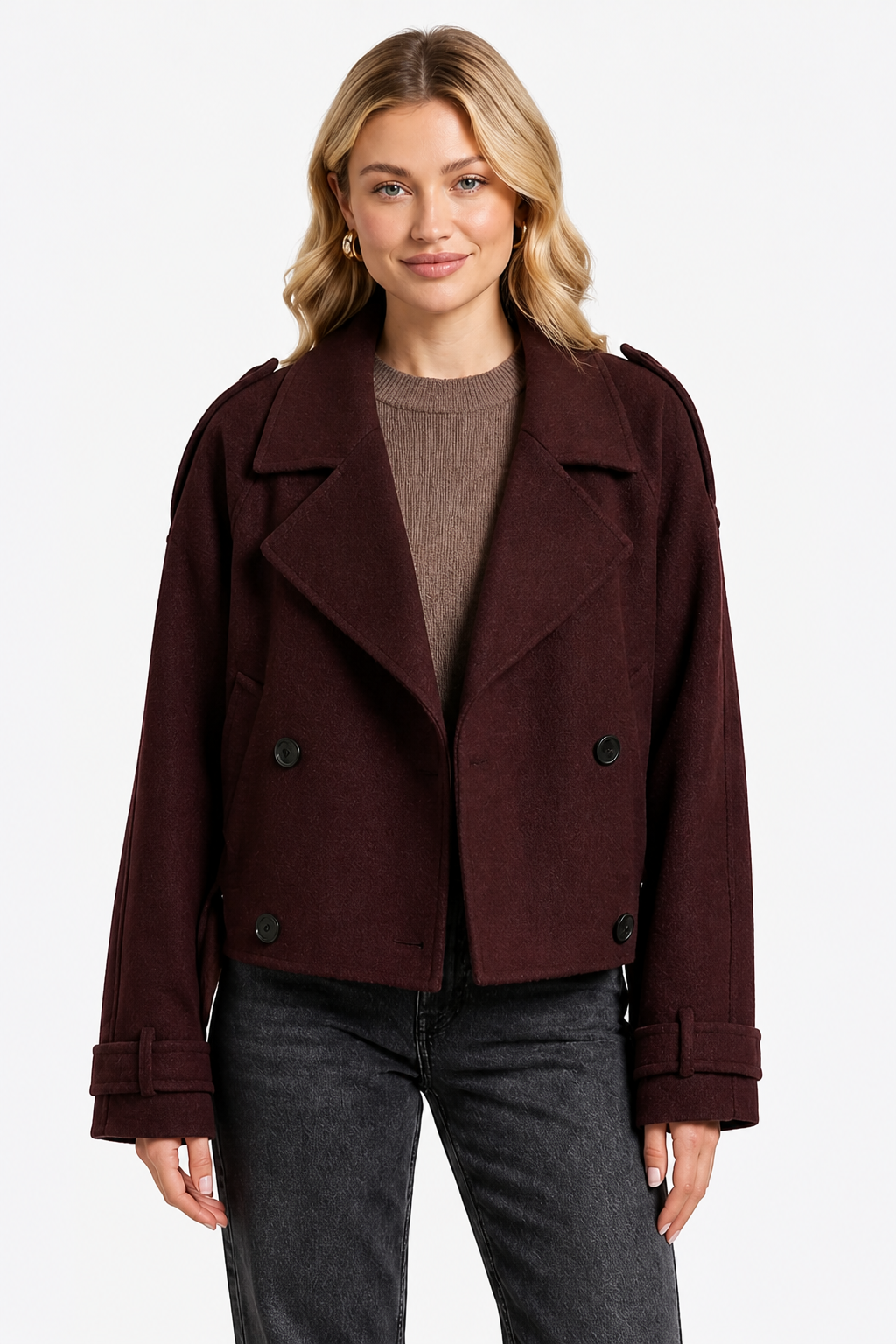 Élise – Double-breasted French Woolen Jacket – Cropped City Coat - Wine red - front