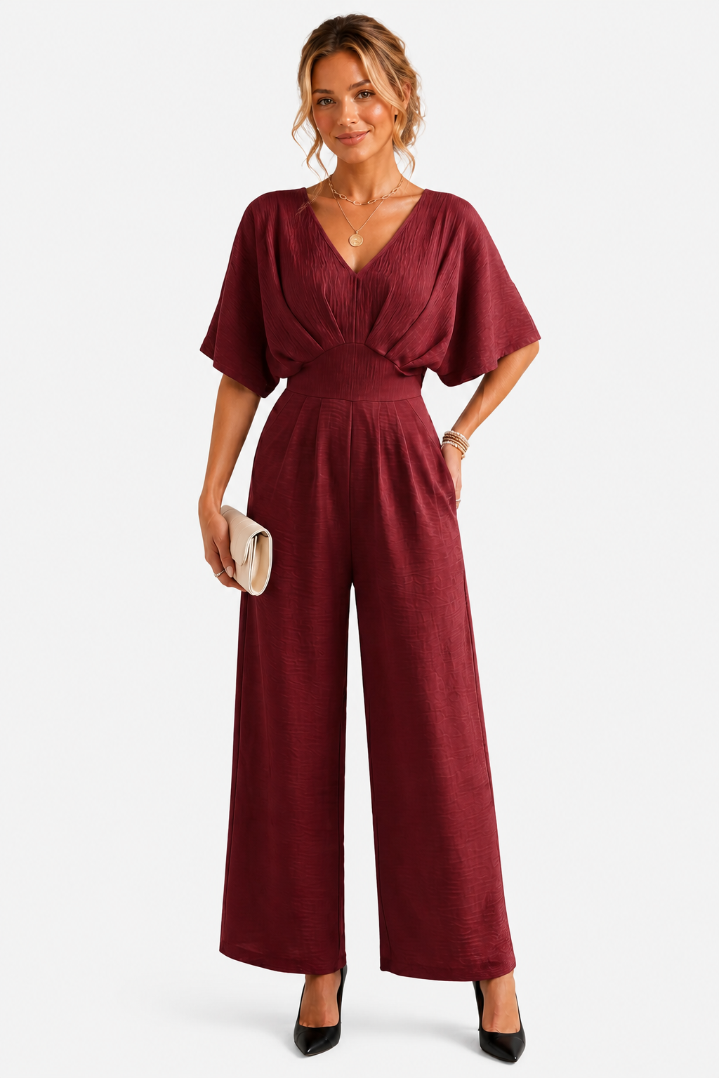 Lunévia – Elegant batwing silhouette – Jumpsuit - Wine red - front