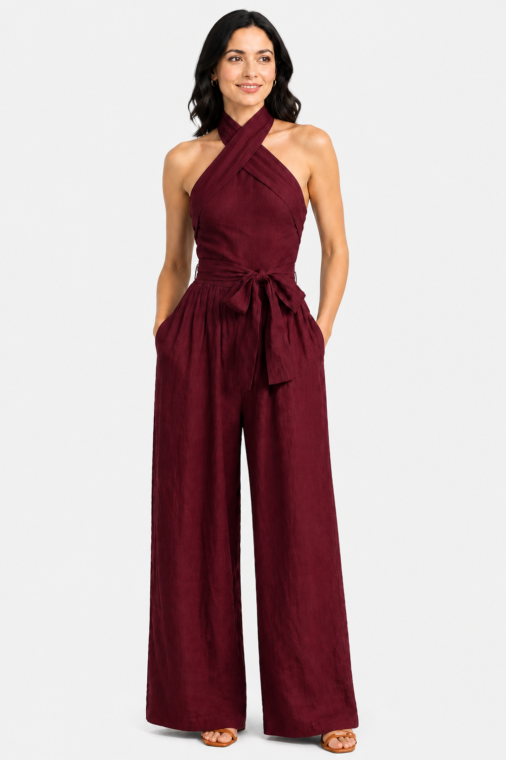 Aveline – Cross-halter sophistication – Wide-leg jumpsuit - Wine red - front