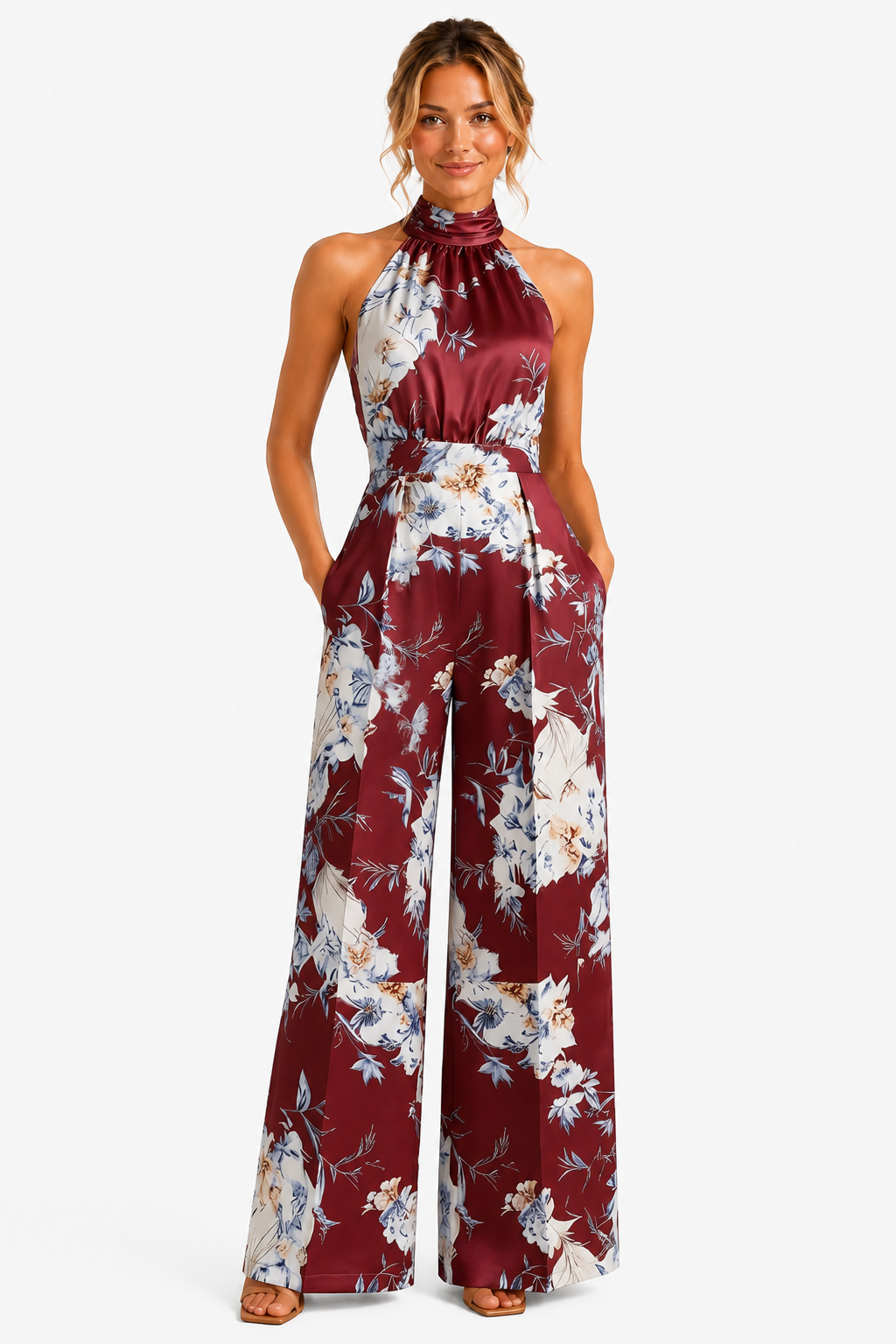 Aurelline – Romantic floral print – Halter jumpsuit - Wine red - front