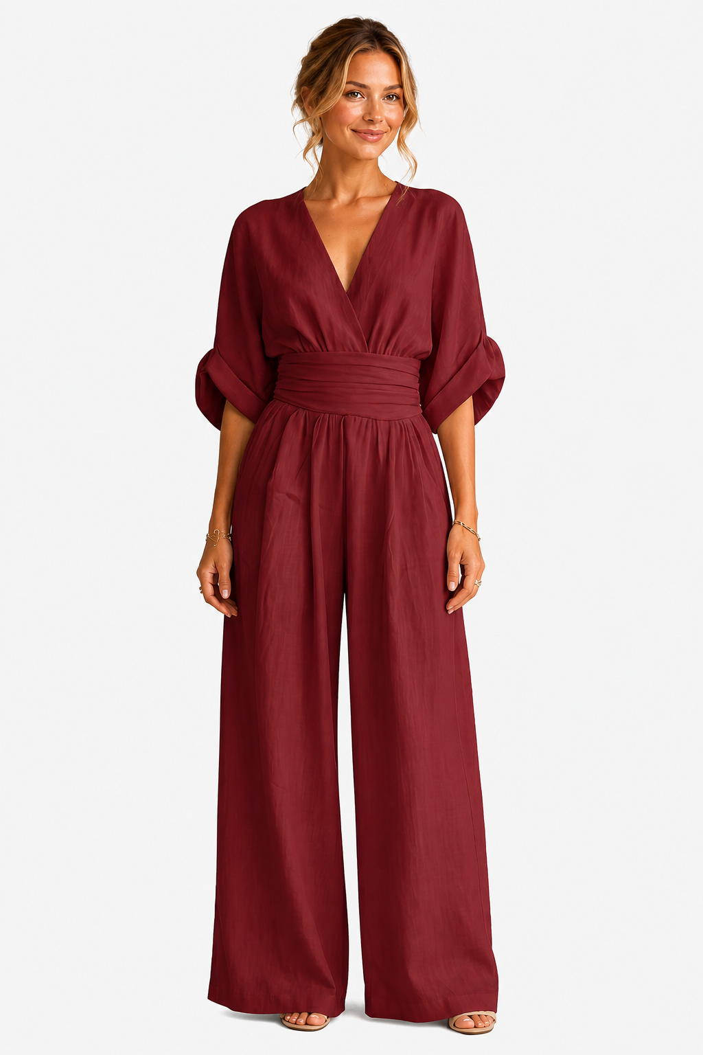 Valoria – Draped waist elegance – Wide-leg jumpsuit - Wine Red - front