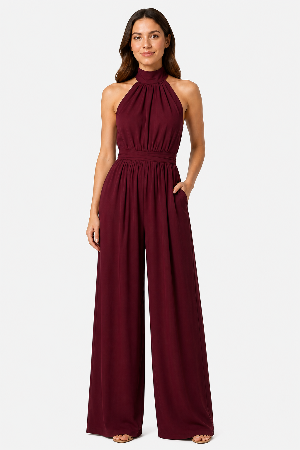 Women’s Halter Neck Wide Leg Jumpsuit – Elegant Flowing Style - Wine Red - front