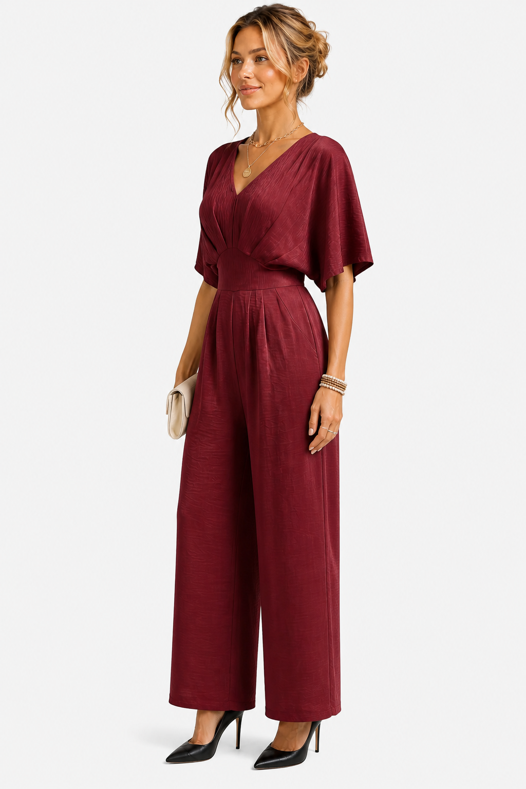 Lunévia – Elegant batwing silhouette – Jumpsuit - Wine red - side left