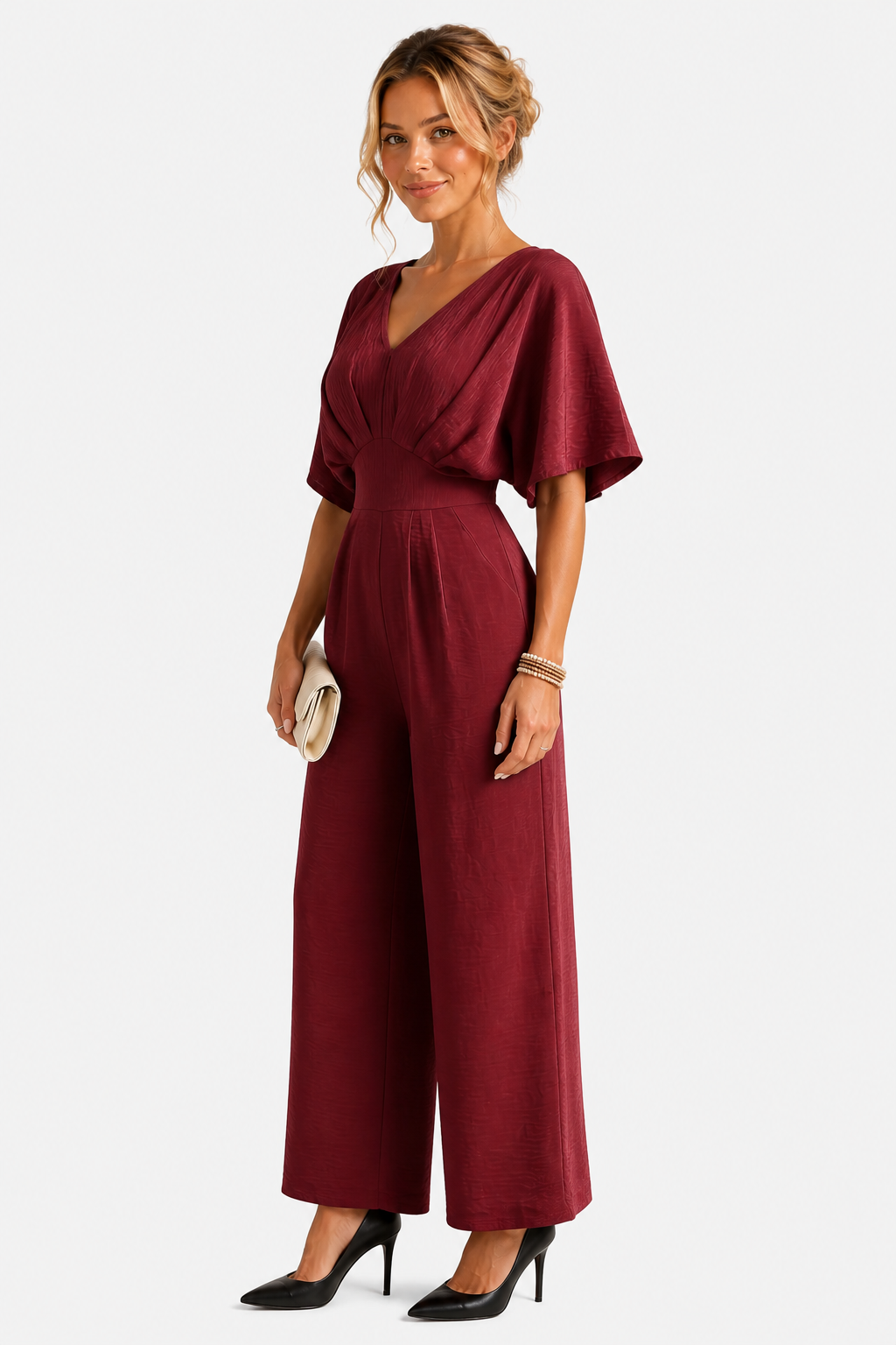 Lunévia – Elegant batwing silhouette – Jumpsuit - Wine red - side right