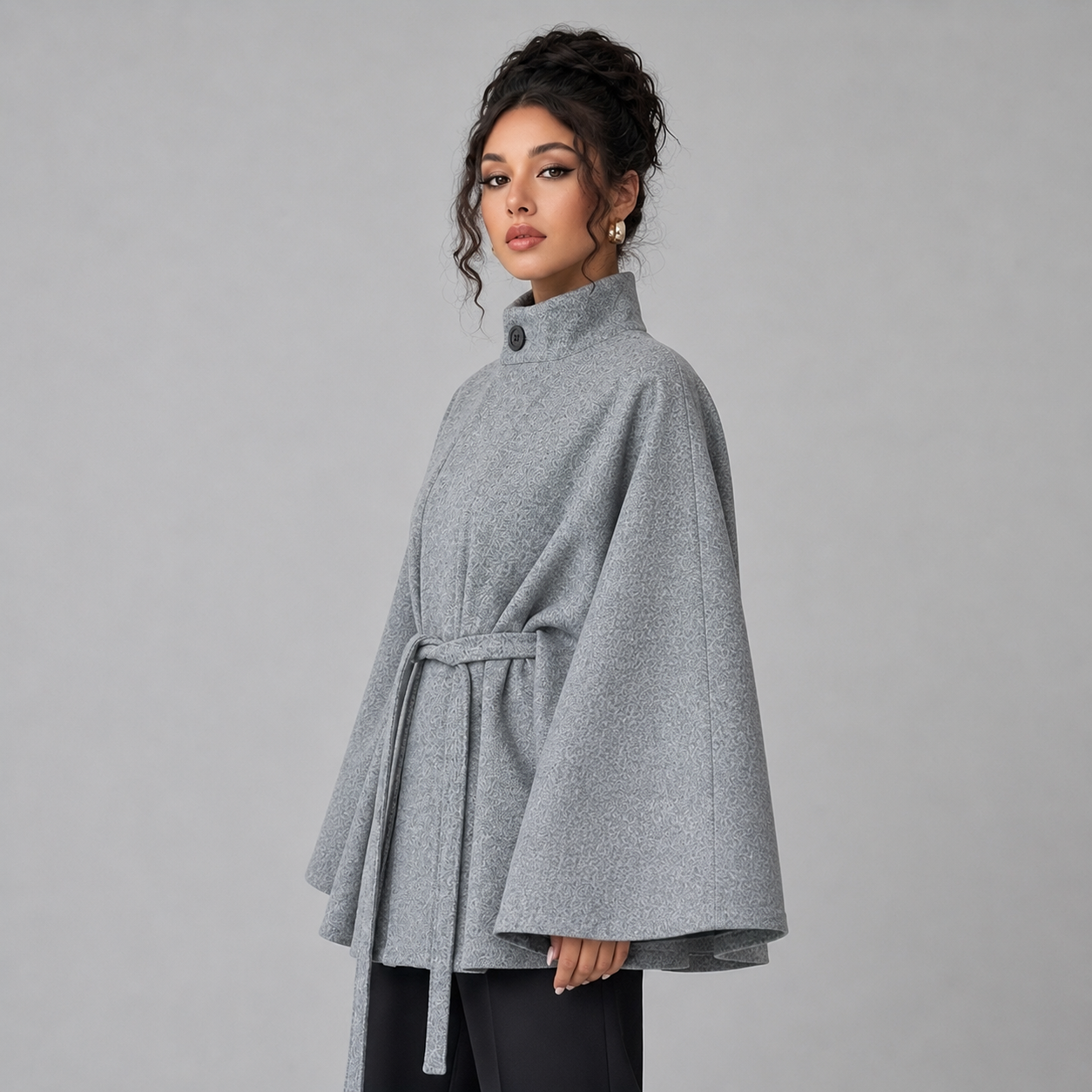 Women's Belted Cape Coat with Stand Collar, view 3 of 5