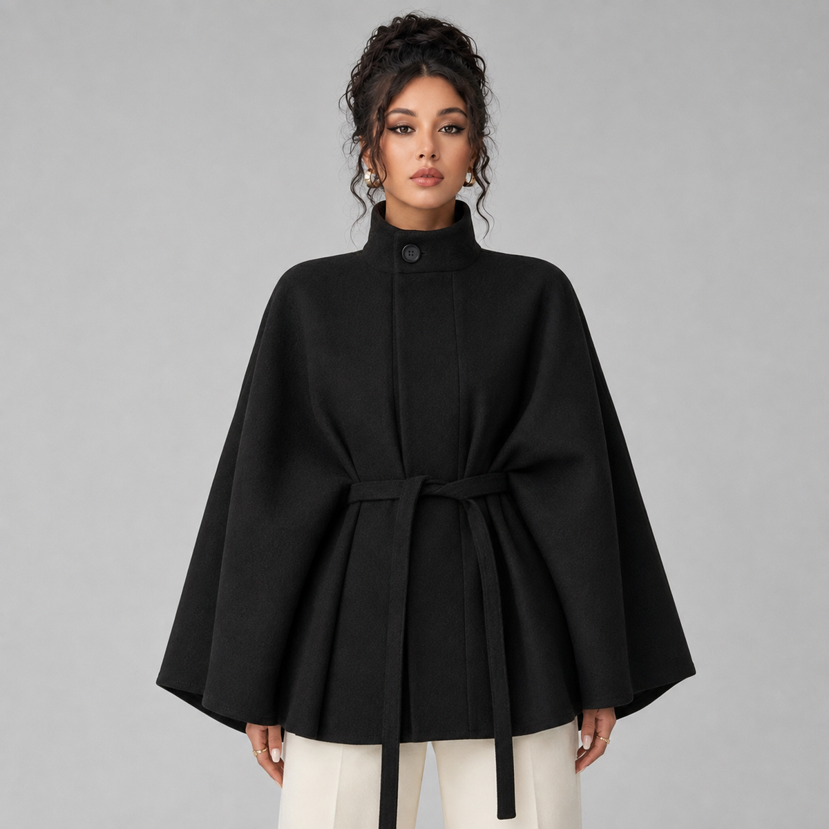 Women's Belted Cape Coat with Stand Collar, view 4 of 5