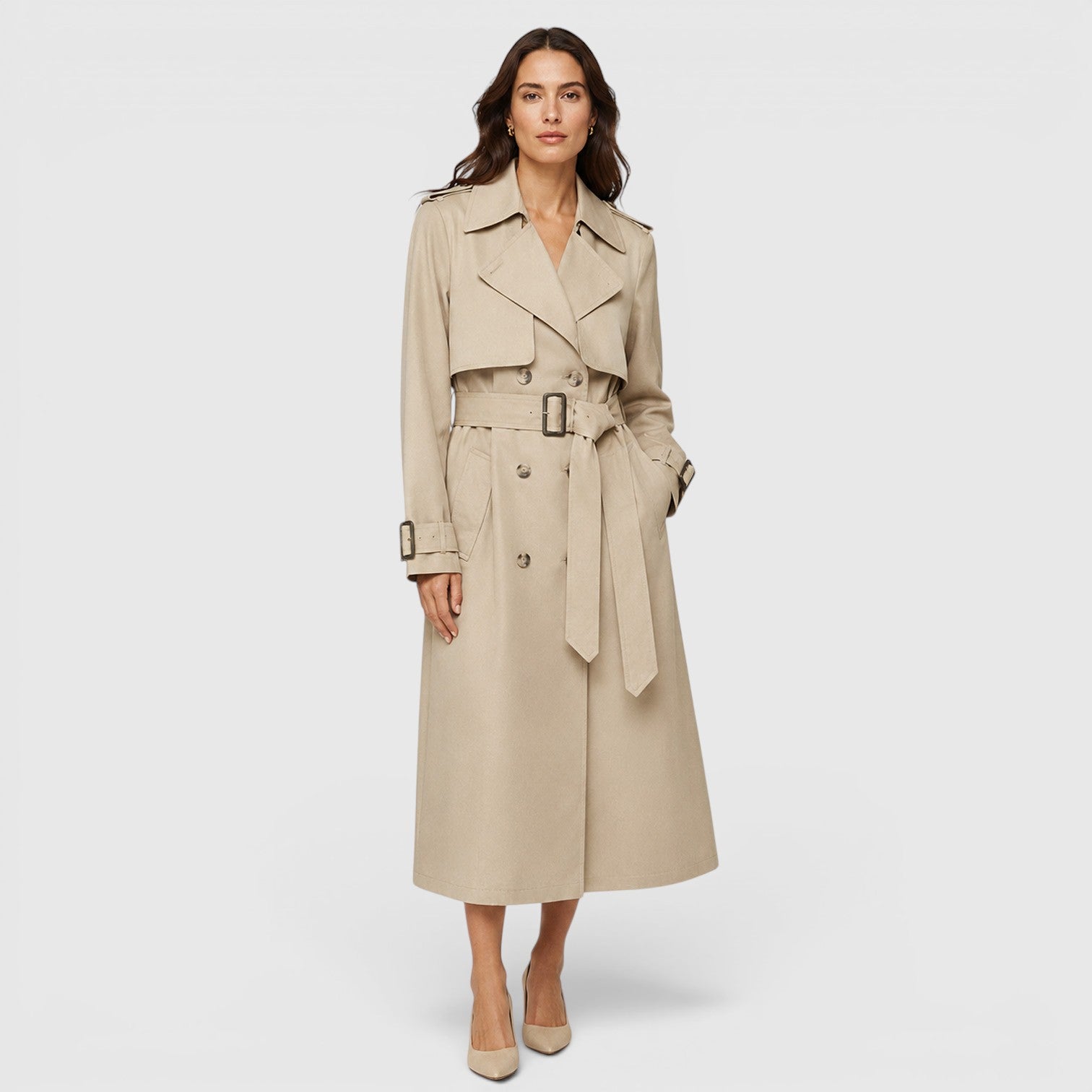Women's Belted Long Trench Coat with belted double-breasted.