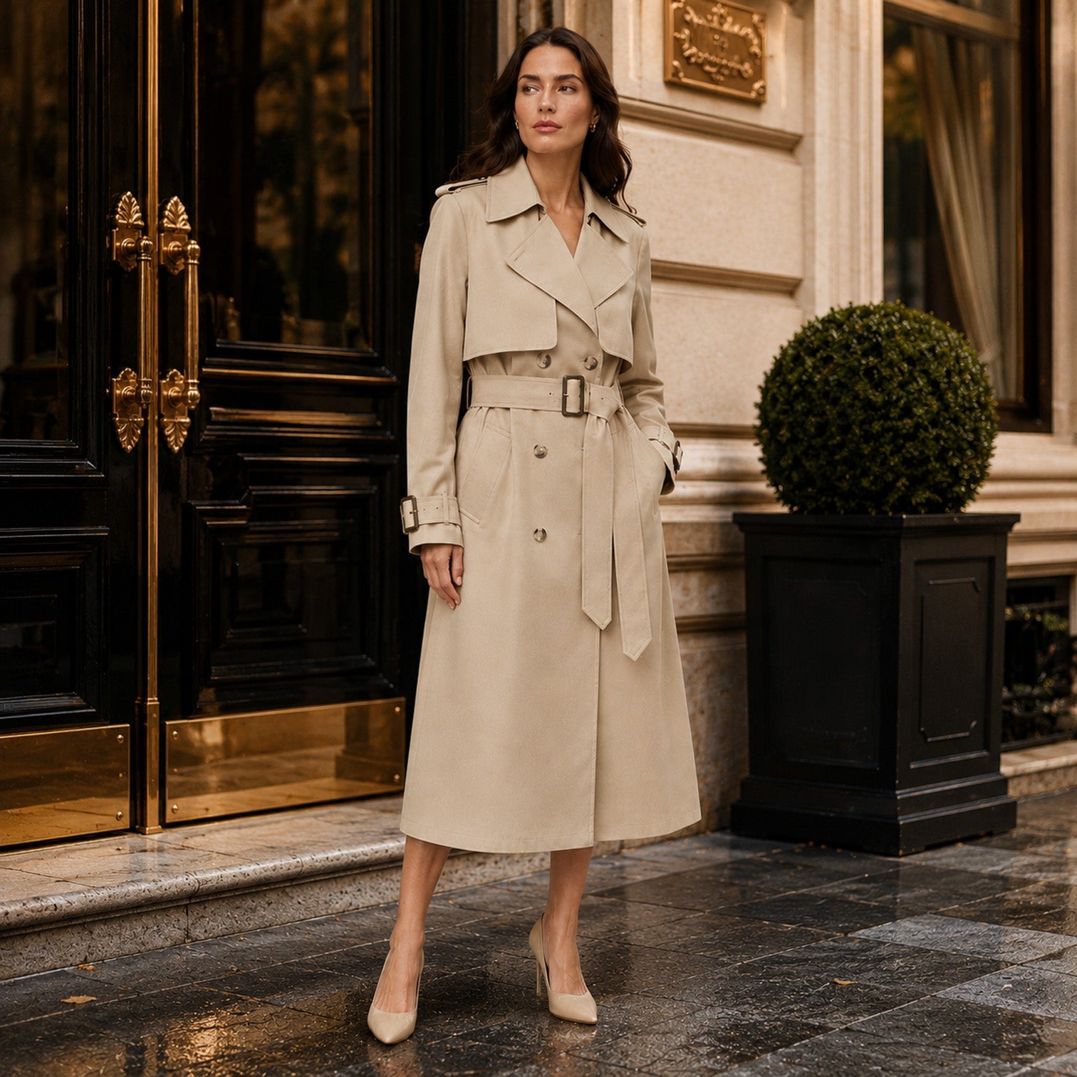 Alternate product view 5 of women's Belted Long Trench Coat with belted double-breasted.