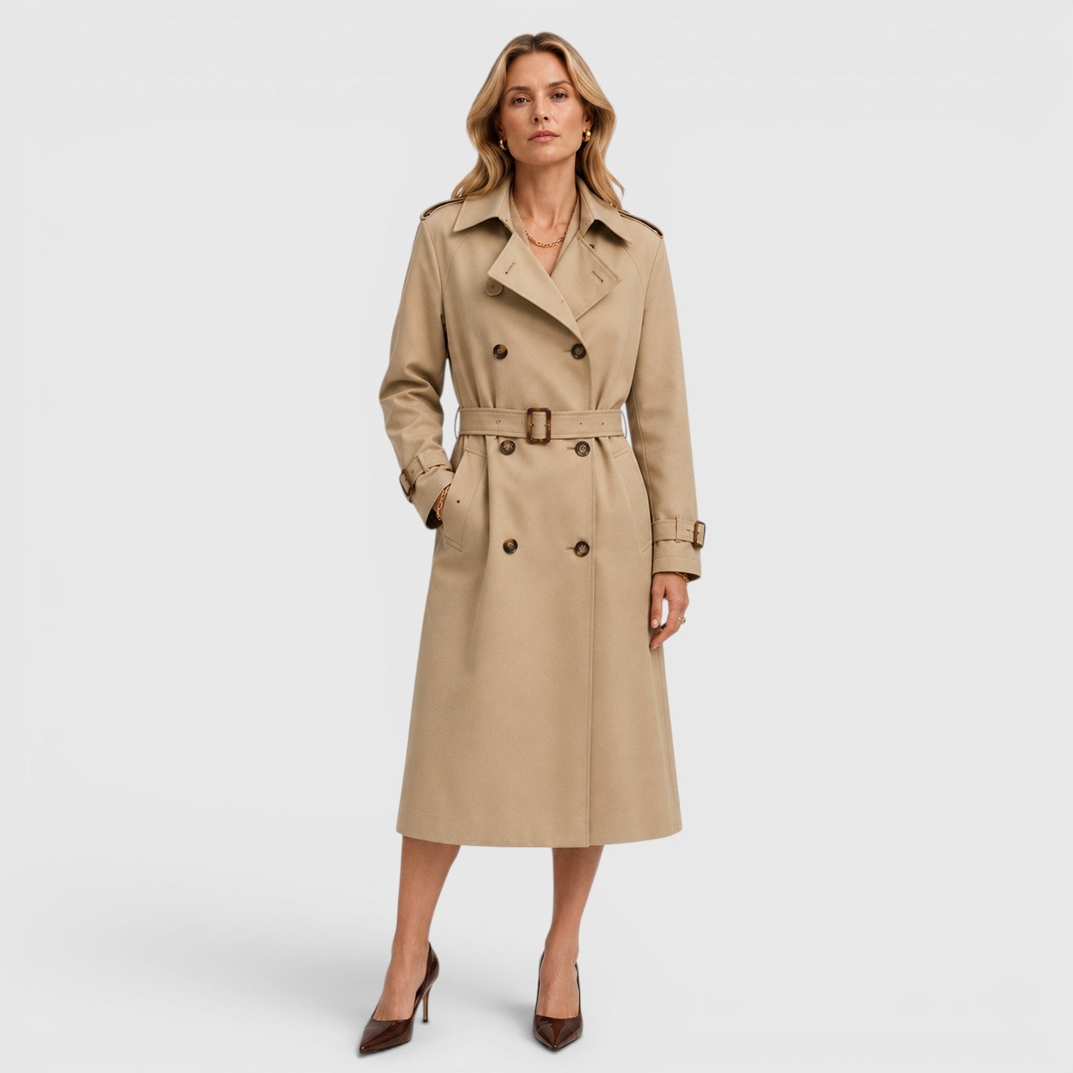 Women's Belted Trench Coat with double-breasted classic design.