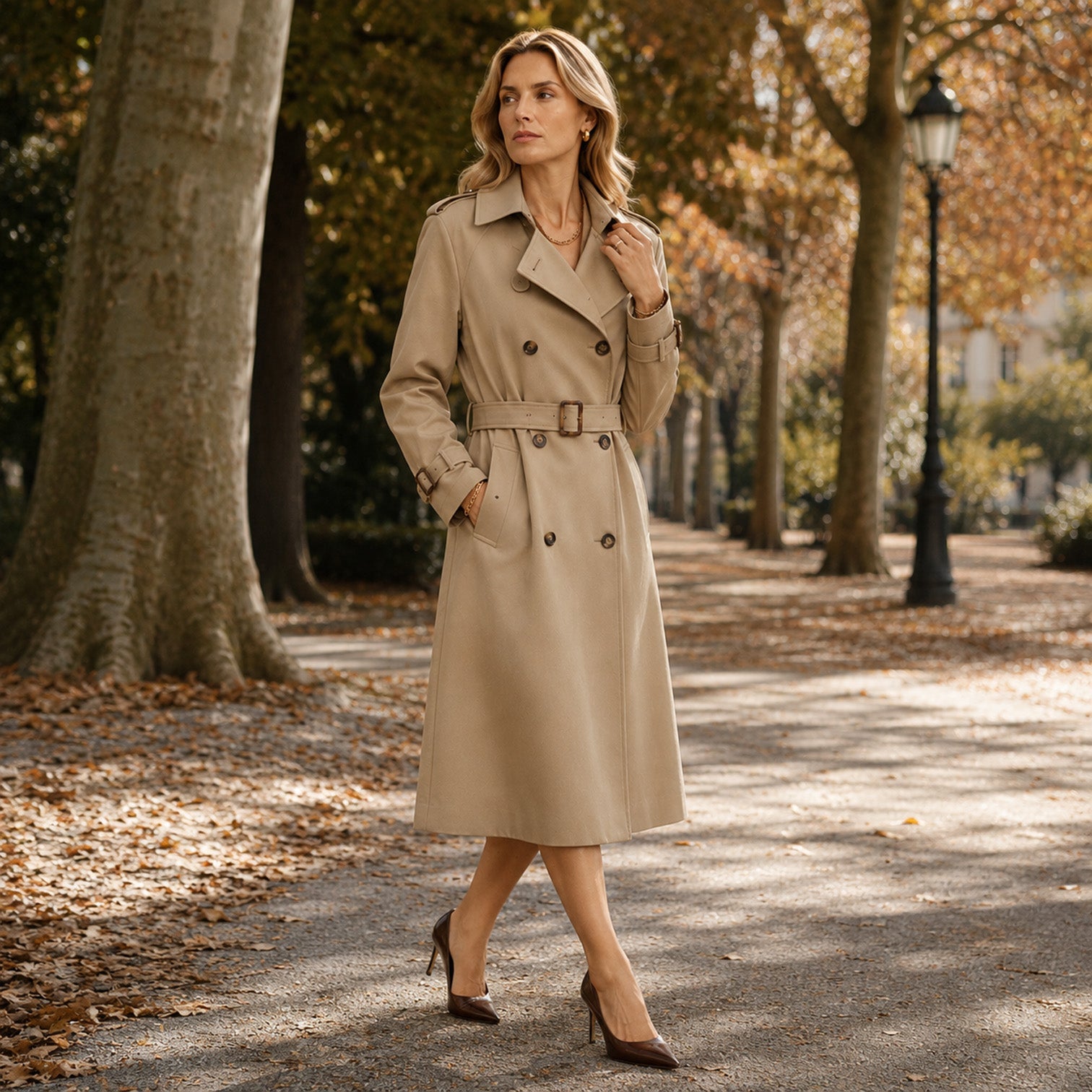 Alternate product view 4 of women's Belted Trench Coat with double-breasted classic design.