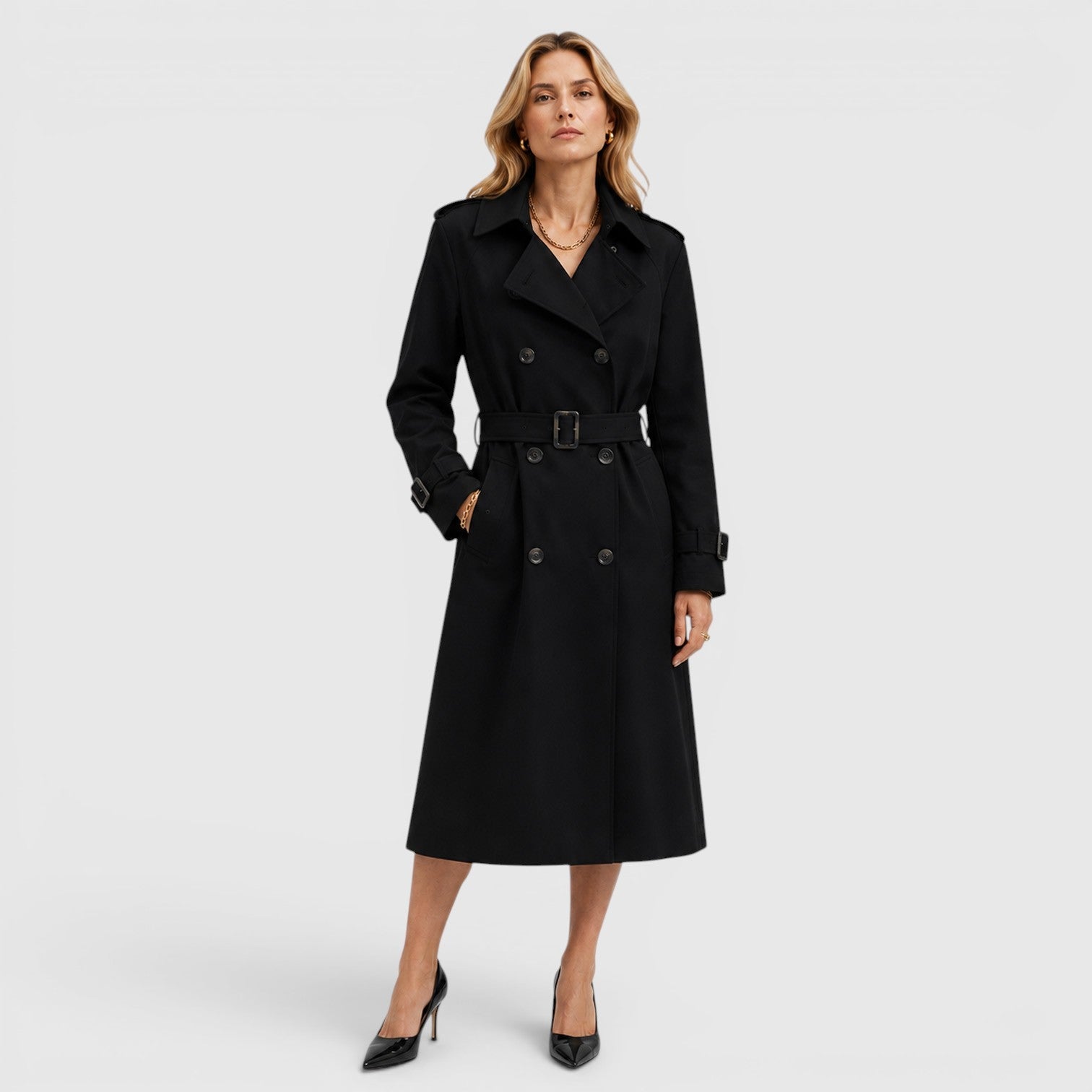 Alternate product view 5 of women's Belted Trench Coat with double-breasted classic design.