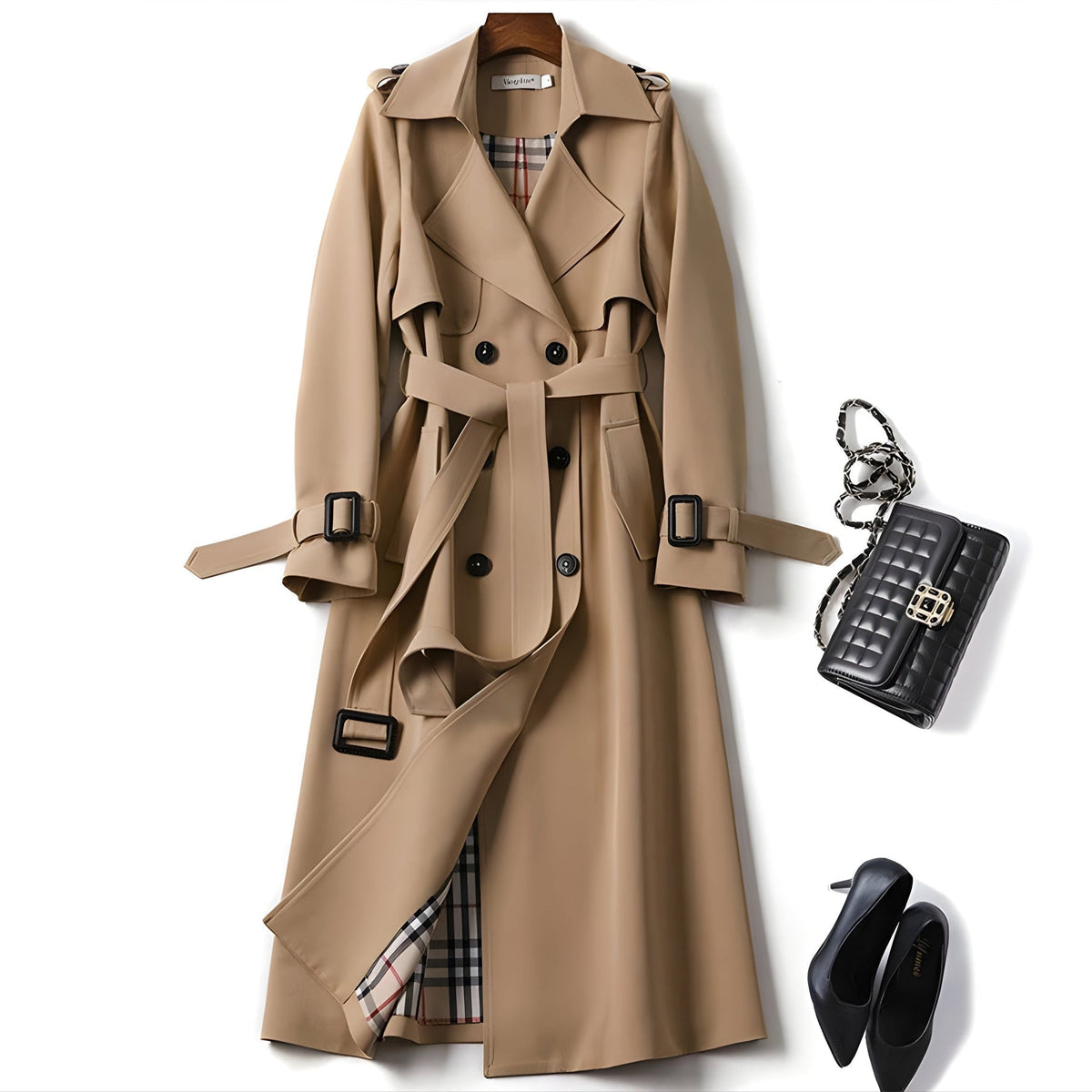 Women's Belted Trench Coat with Double-Breasted Design, view 2 of 11