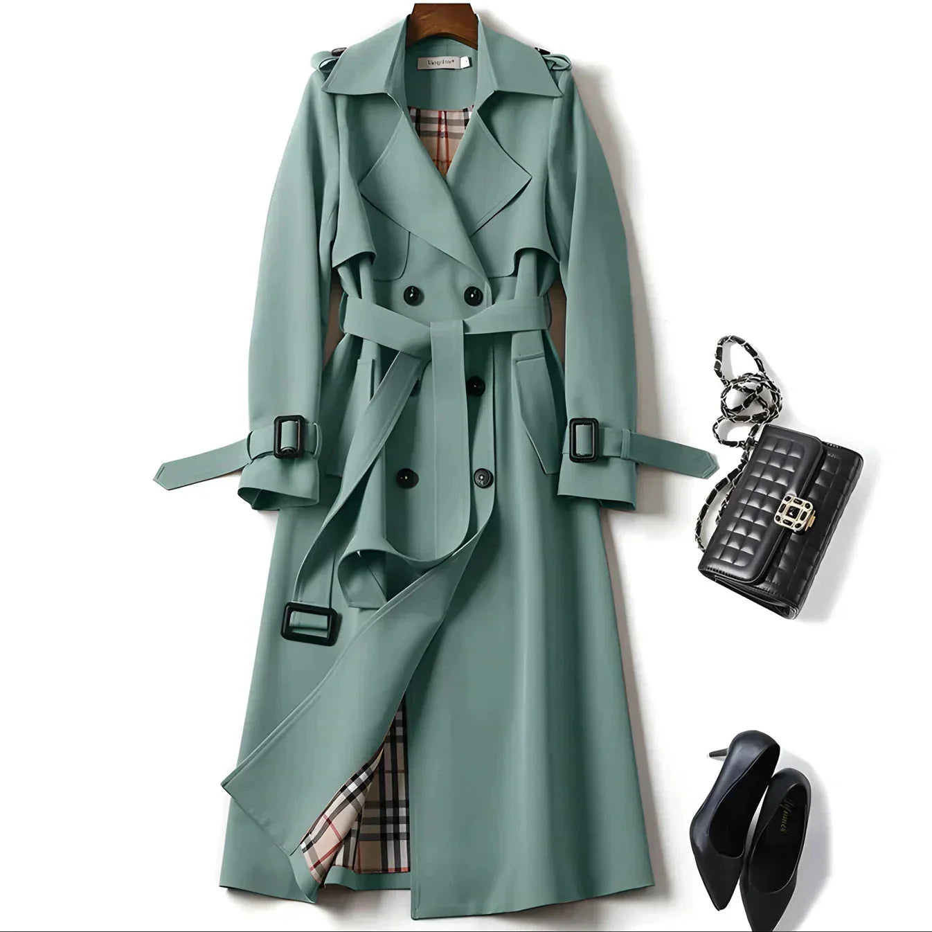 Women's Belted Trench Coat with Double-Breasted Design, view 3 of 11