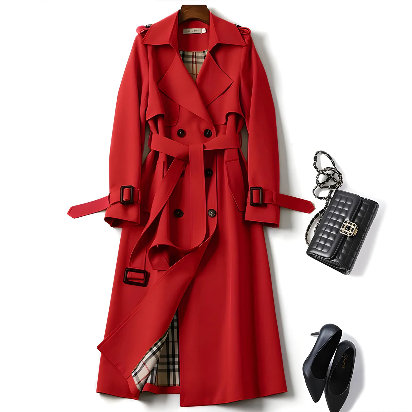 Women's Belted Trench Coat with Double-Breasted Design, view 5 of 11
