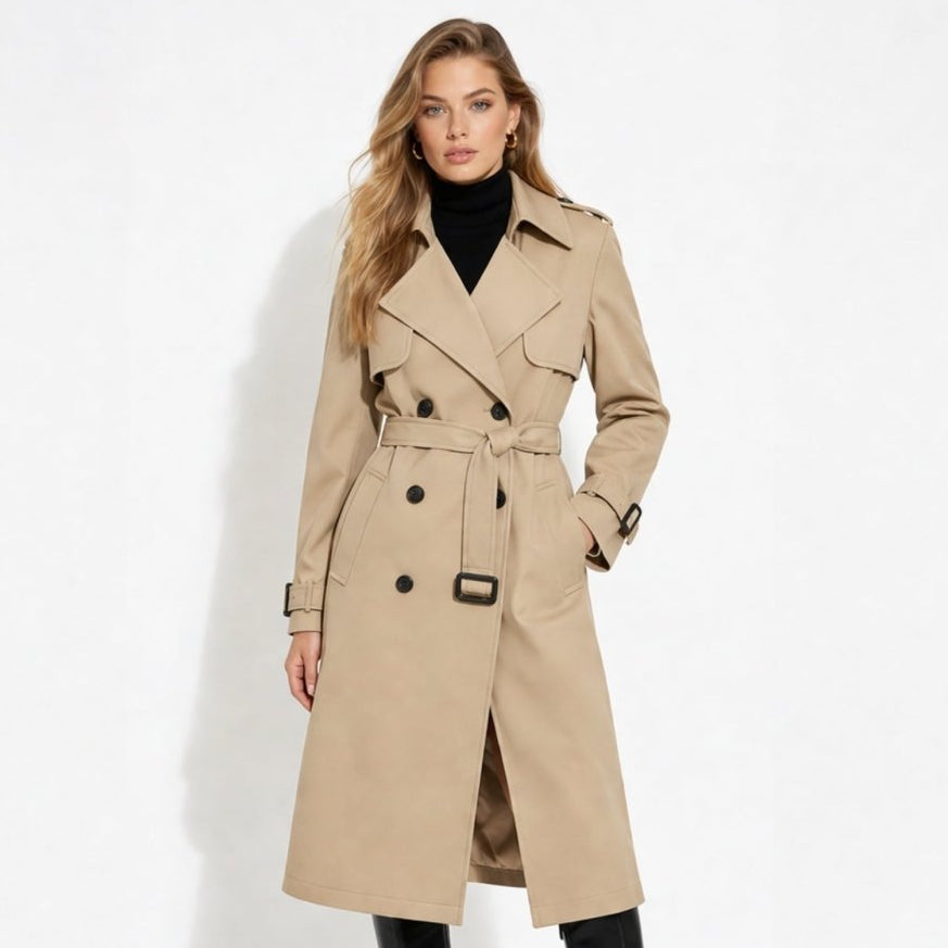 Women's Belted Trench Coat with Double-Breasted Longline, view 2 of 18
