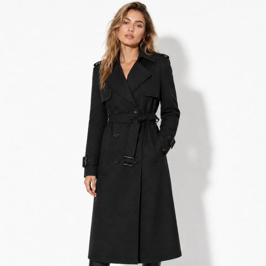 Women's Belted Trench Coat with Double-Breasted Longline, view 3 of 18