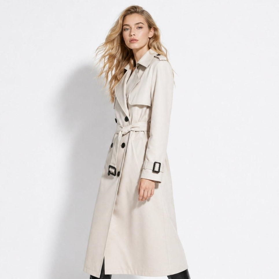 Women's Belted Trench Coat with Double-Breasted Longline, view 4 of 18