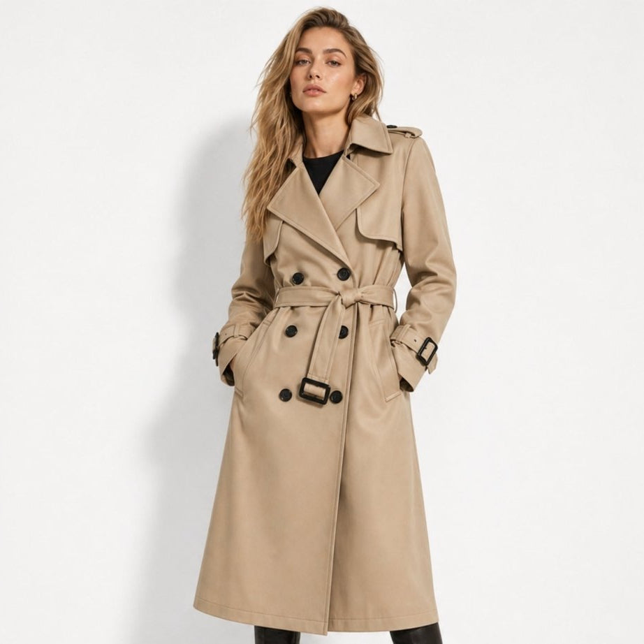 Women's Belted Trench Coat with Double-Breasted Longline, view 6 of 18
