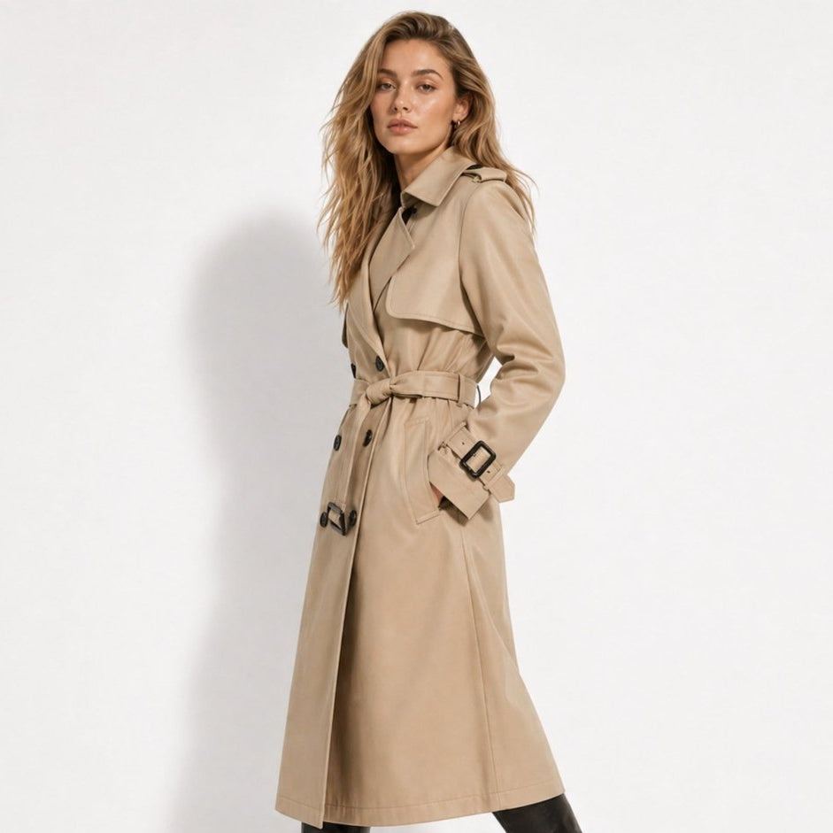 Women's Belted Trench Coat with Double-Breasted Longline, view 7 of 18