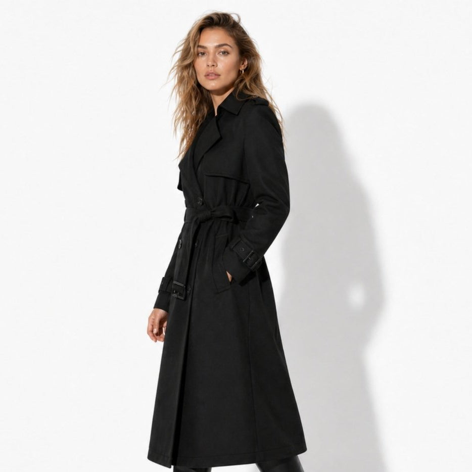 Women's Belted Trench Coat with Double-Breasted Longline, view 9 of 18