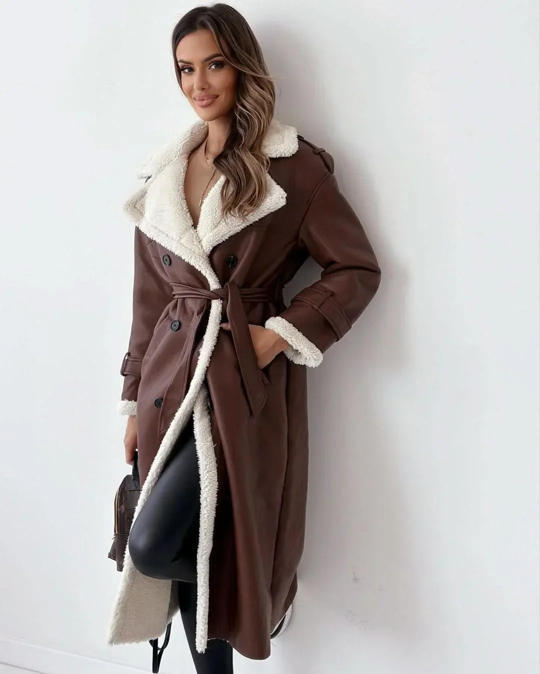 Women's Belted Trench Coat with Faux Fur Trim, view 6 of 10