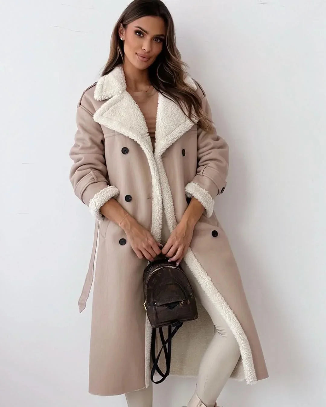Women's Belted Trench Coat with Faux Fur Trim, view 9 of 10