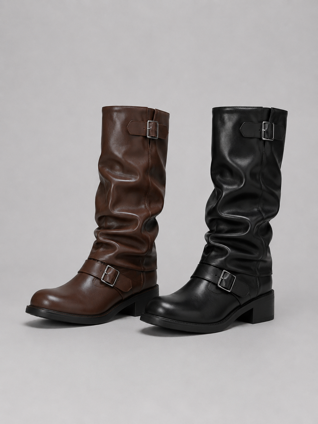 Alternate product view 5 of women's Biker Boots with buckle detail low heel design.