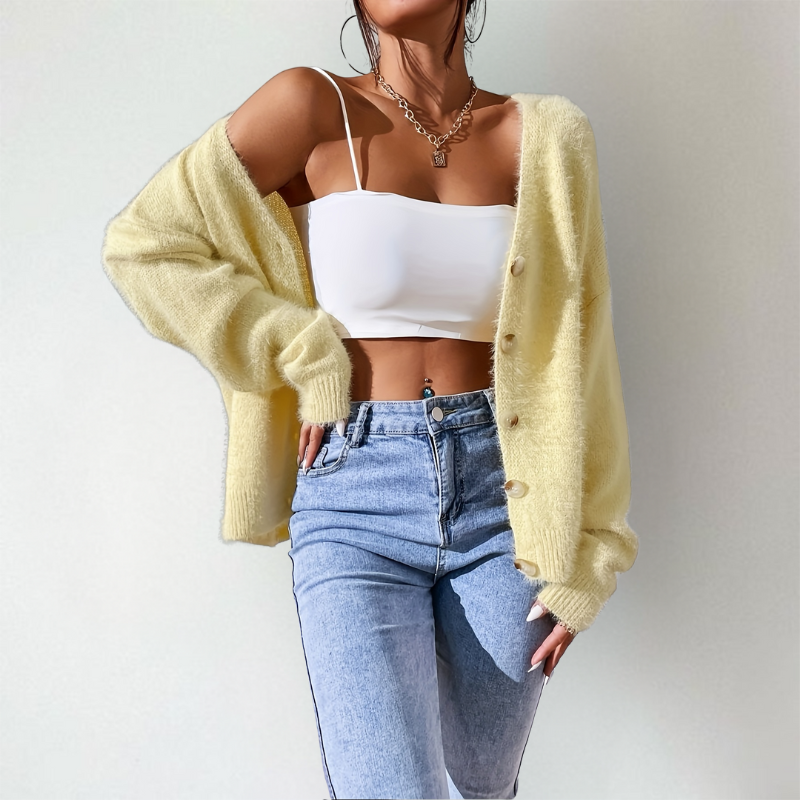 Women's cardigan, fluffy v-neck button front knit – product image 1