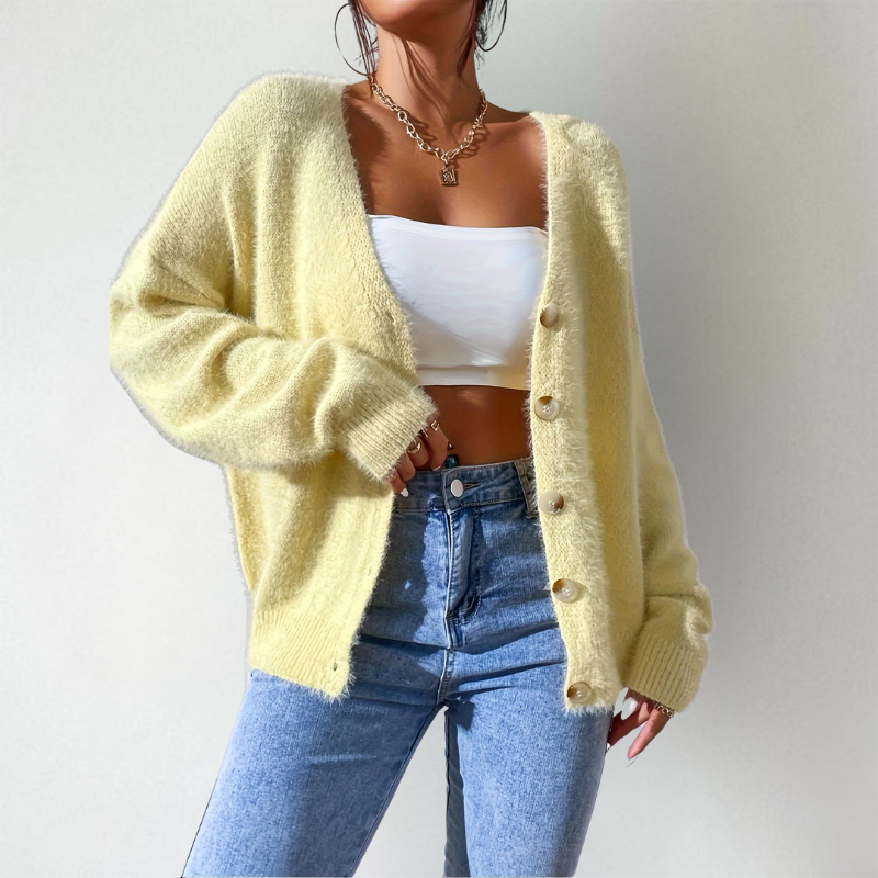 Women's cardigan, fluffy v-neck button front knit – product image 2
