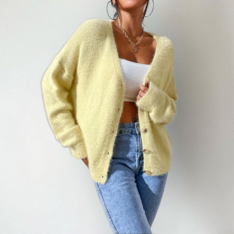 Women's cardigan, fluffy v-neck button front knit – product image 4