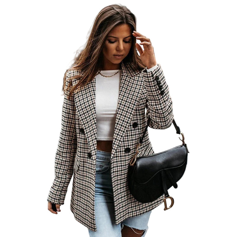 Alternate product view 3 of women's Checked Blazer with tailored plaid lapel design.