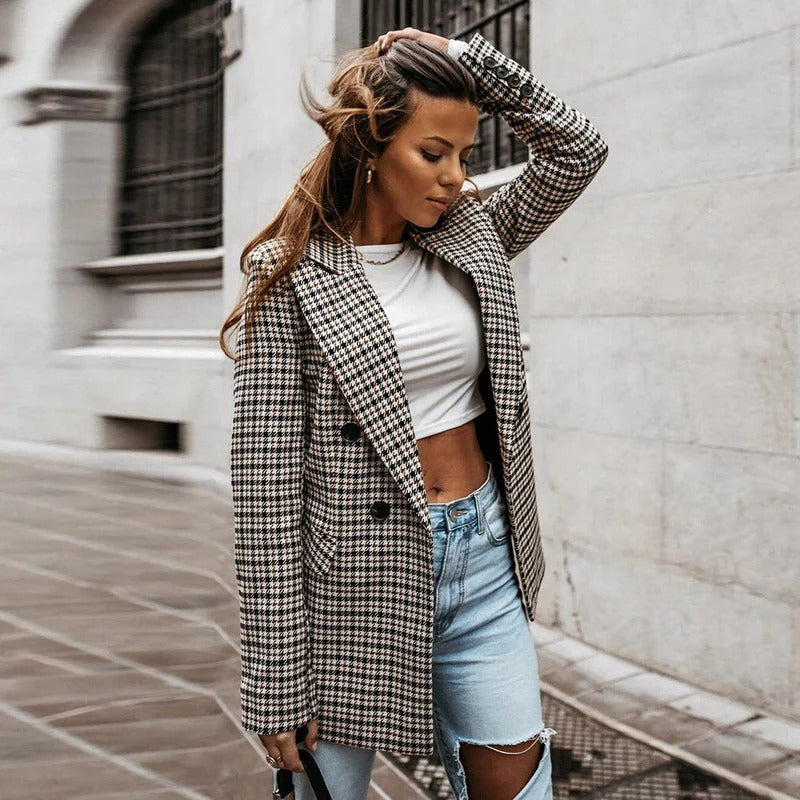 Alternate product view 4 of women's Checked Blazer with tailored plaid lapel design.