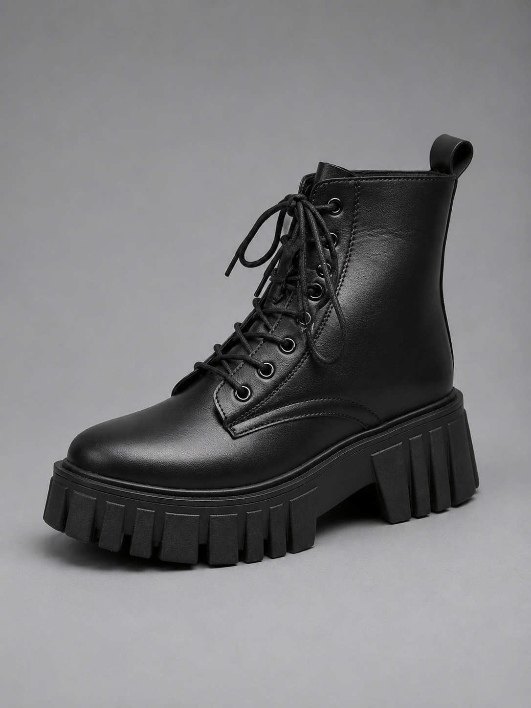 Women's Chunky Leather Boots with lace-up platform combat.