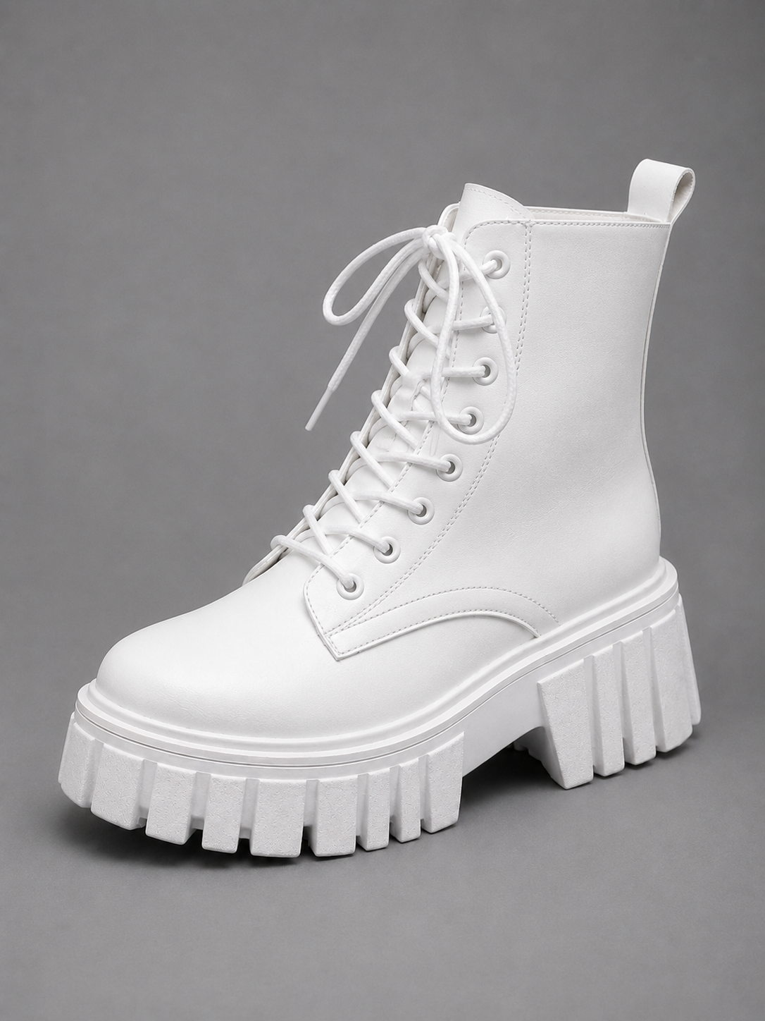 Alternate product view 4 of women's Chunky Leather Boots with lace-up platform combat.