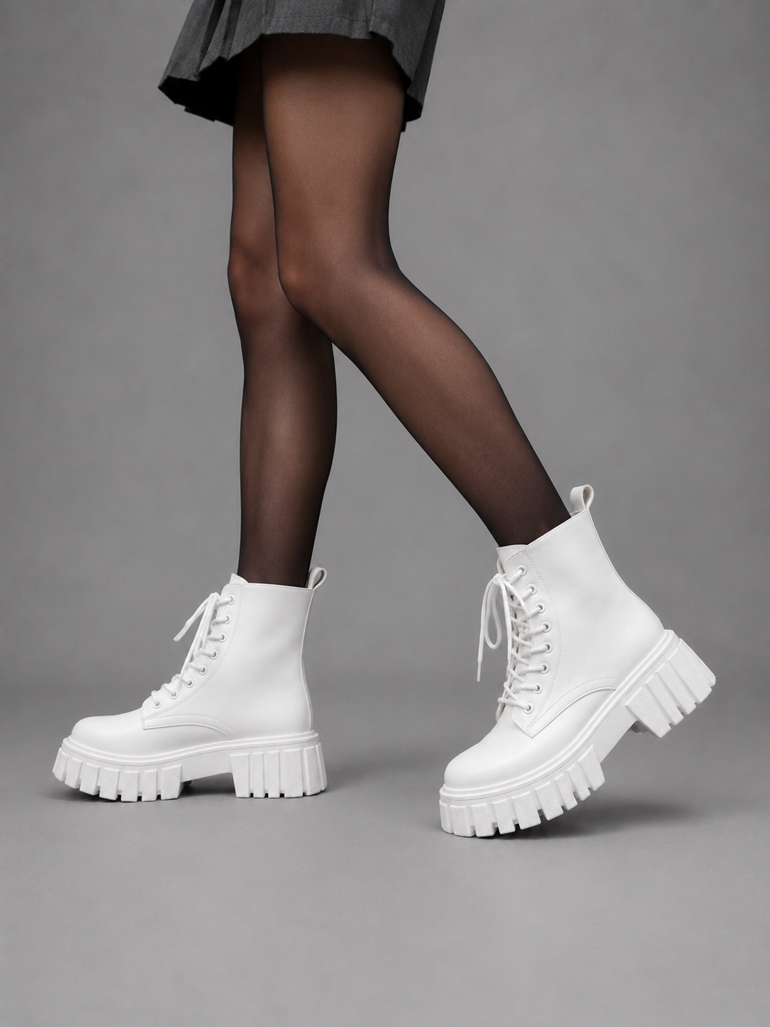 Alternate product view 5 of women's Chunky Leather Boots with lace-up platform combat.