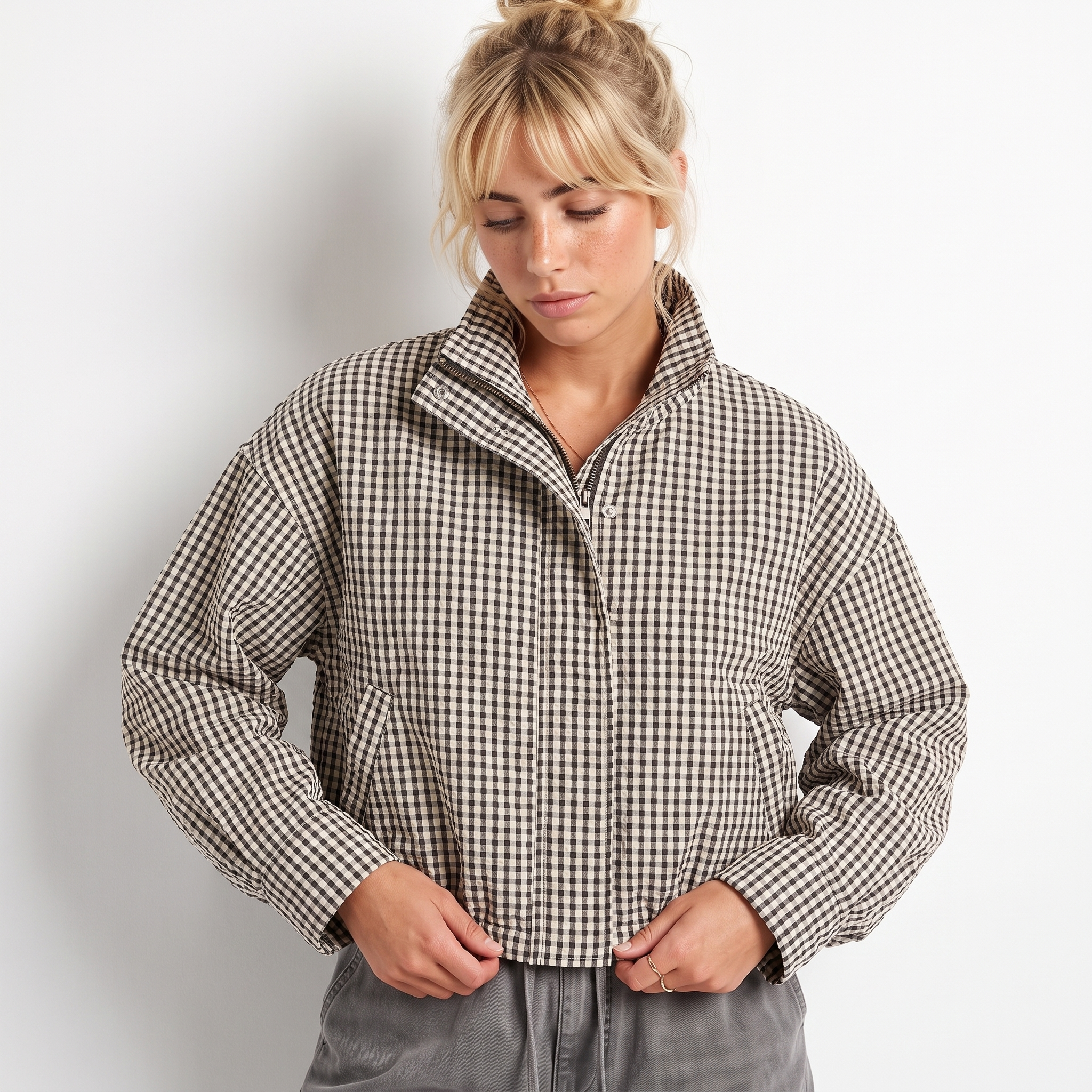 Women's Cropped Checkered Zip-Up Jacket with Funnel Neck, view 1 of 10