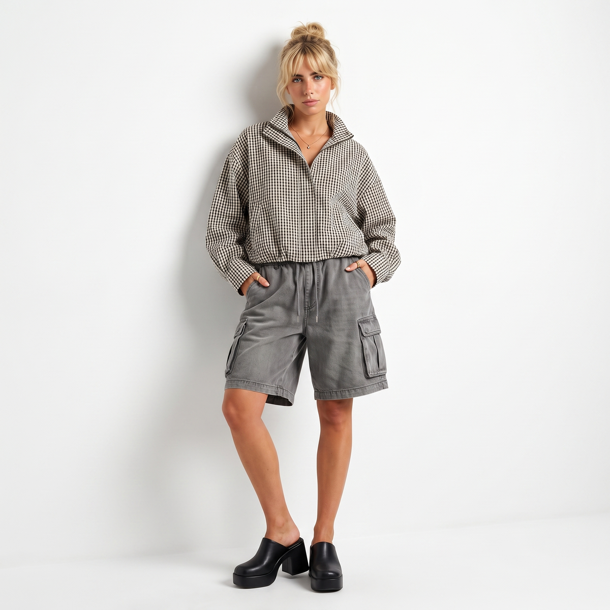 Women's Cropped Checkered Zip-Up Jacket with Funnel Neck, view 2 of 10